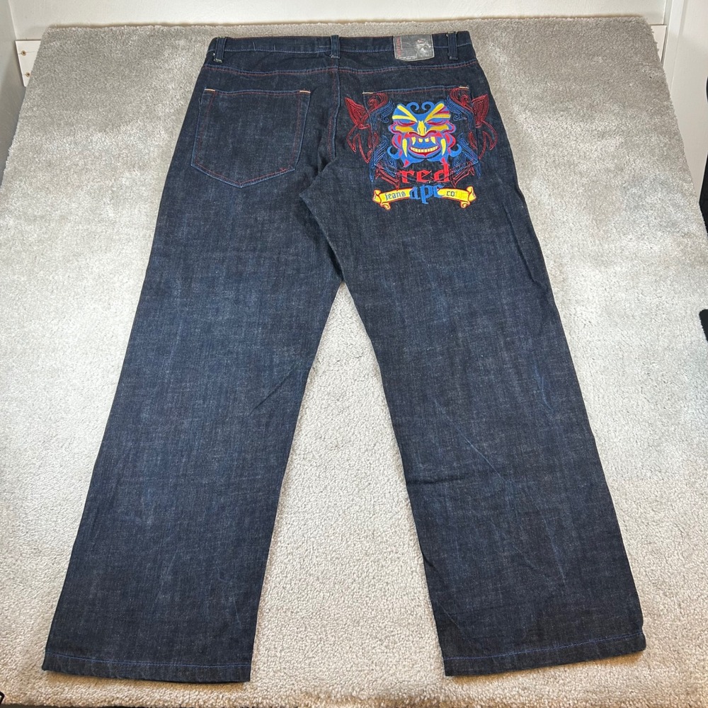 Vintage Y2K Red Ape Jeans Relaxed Wide Leg Mens 40x32 Dark Wash Embroidered Mask
